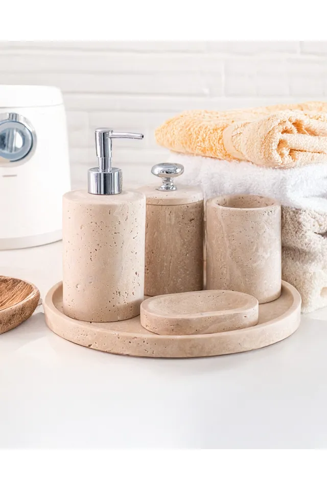 Marbelix Aurelia Mermer 5 Parça Banyo Seti – Sıvı Sabunluk, Diş Fırçalık, Katı Sabunluk, Pamukluk ve Tepsi