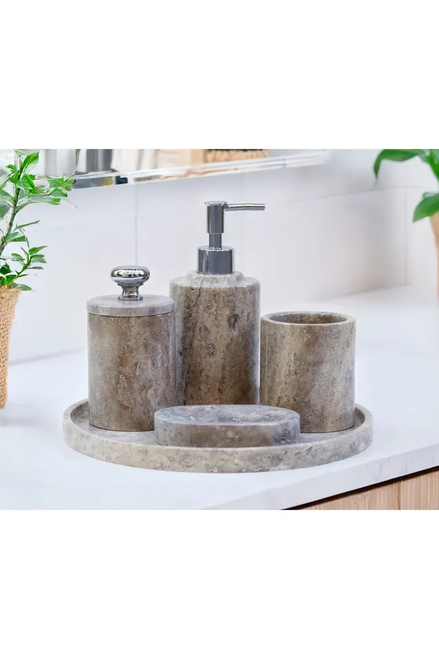 Marbelix Aurelia Traverten Mermer 5 Parça Banyo Seti – Katı & Sıvı Sabunluk, Diş Fırçalık, Pamukluk Ve Tepsi