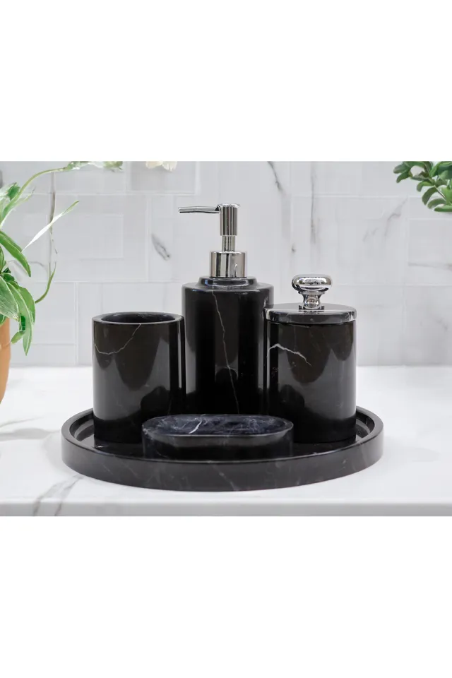 Marbelix Aurelia Siyah Mermer 5 Parça Banyo Seti – Katı & Sıvı Sabunluk, Diş Fırçalık, Pamukluk Ve Tepsi