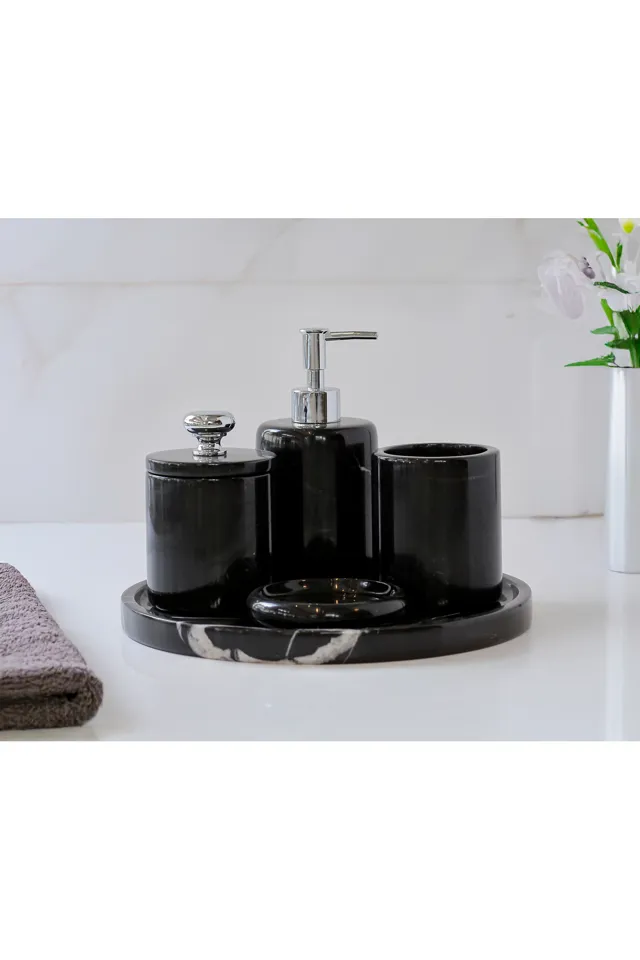 Marbelix Valeria - 5 Parça Mermer Banyo Seti - Sıvı Sabunluk, Tepsi, Pamukluk, Diş Fırçalığı, Katı Sabunluk